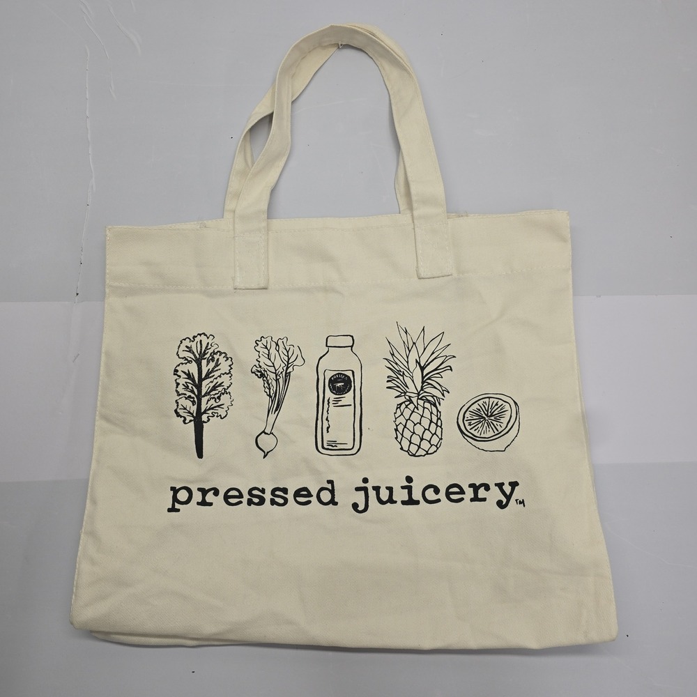 Pressed Juicery Canvas Tote Bag Cream Black Graphic Fruit Vegetable Market Bag